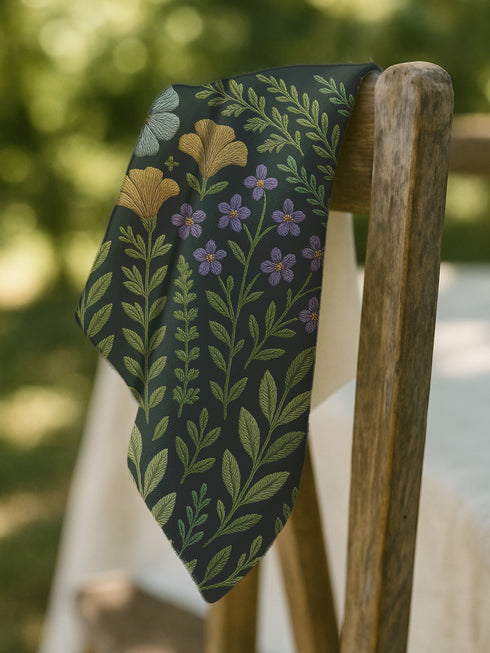 A 4-piece cloth napkin set featuring embroidered-style botanical illustrations of wildflowers and herbs in shades of gold, mint, and lavender on a dark green background; made from soft polyester, square-shaped, with a luxe and mystical design.